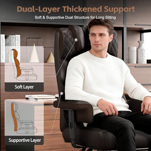 Vonesse Office Chair, Desk Chair with Soft Adjustable Armrests, Executive Computer Chairs with Lumbar Support, High Back Gaming Chair with Footrest (PU Leather, Brown)