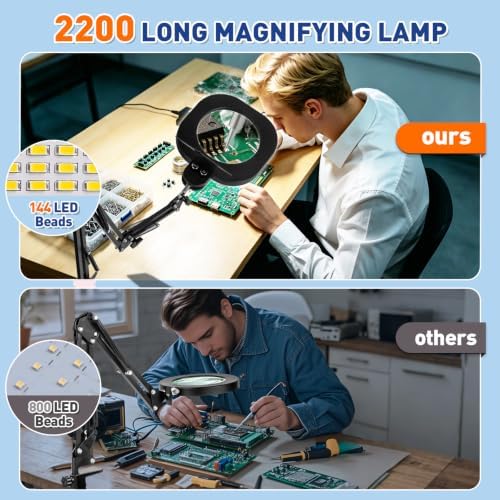 HITTI 2200 Lumens 15X Magnifying Glass with Light and Clamp, 5-Inch Glass