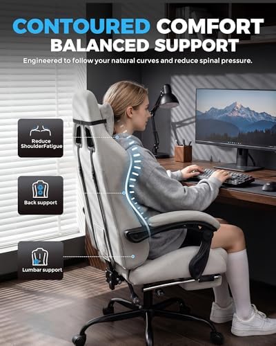 GTPLAYER Gaming Chair Fabric with Pocket Spring Cushion,Computer Office Chair with Lumbar Support for Adults Linkage Armrests and Footrest Ergonomic Gamings Chairs Height Adjustable Silver Grey
