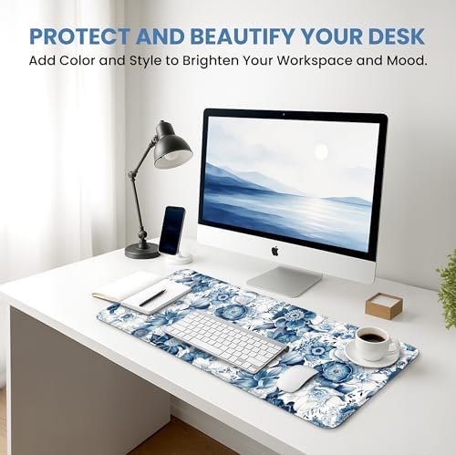 Aesthetic Desk Mat, Cute Blue Floral Desk Pad Protector for Work & Decor, 31.5" x 11.8", Pretty Non-Slip Extended Mouse Pad for Office or Home