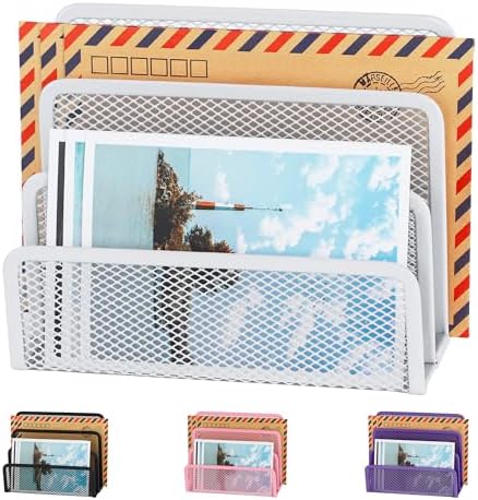 EASEPRES Desk Mail Organizer, Office Small Desktop Metal Mesh Envelope Letter Sorter Paper File Holder Organizer with 3 Vertical Upright Compartments, White 1 Pack