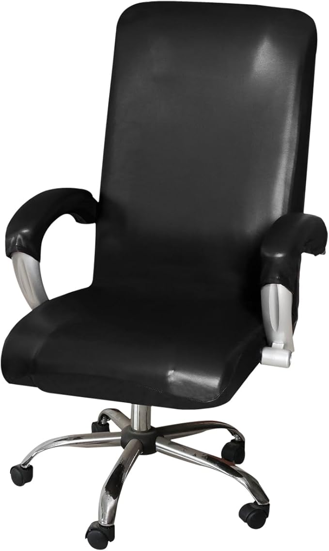 ITFRO Waterproof Office Chair Cover with Armrest Covers Black PU Leather Computer Desk Chair Cover with Zipper Universal Rotating Gaming Chair Slipcover High Back Chair Seat Protector (Black)