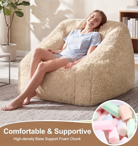 Hobestluk Bean Bag Chair Plush Accent Chair Armrest Living Room Adult Beige