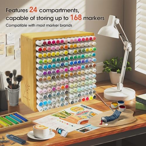 Marker Organizer for 168 Markers,Bamboo Wooden Desk Storage Organizer Rack,Markers Pens Pencils Art Brushes Storage Holder for Home Classroom Office Decor.