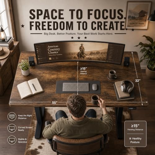 Grandder 55x32 Extra-Deep Electric Standing Desk, Wide Desktop Fits 49" Ultrawide Monitor+Dual Screens, 176 lbs Capacity, 2 Memory Presets, Computer Desk for Home Office & Gaming, Rustic Brown
