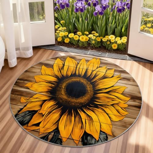 Sunflower Round Area Rug - 2.6ft Washable Sunflower Round Rug for Kitchen, Western Country Circle Rugs Soft Non-Slip Carpet for Bathroom Entryway Decor Mat