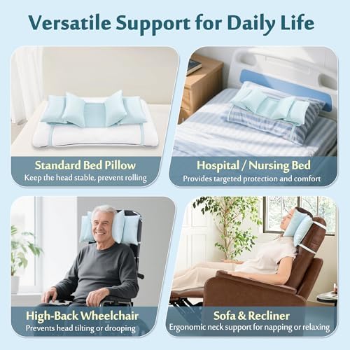 Cooling Head Stabilizer, Head Support Pillow for Elderly – Neck Cradle for Sleeping Upright, Post Cervical Fusion Surgery Recovery, Breathable Wheelchair Headrest with Straps (Light Blue)