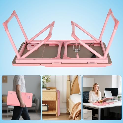 Laptop Bed Desk, Adjustable Lap Desk, Small Laptop Table with USB Charge Port, Desktop Card &Pen Slot, Cup Holder, Foldable Bed Tray Table for Couch Sofa Chair Floor Eating Working