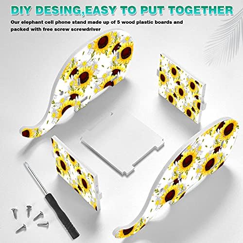 Cute Desk Accessories Set, Wooden Plastic Elephant Pen Pencil Holder Office Desk Decor Supplies Organizer, Multi-Function Phone Bracket Stand, Wrist Support Pad & Cup Coaster, Bright Sunflower
