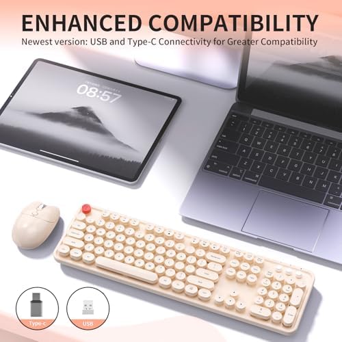 Wireless Keyboard Mouse, MOFII 104 Keys Cute Retro Typewriter Coffee