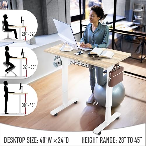 SHW Mobile Electric Height Adjustable Standing Desk w/Drawer, Maple