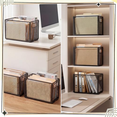 Zhengmy 2 Pcs Hanging File Organizer Letter Size File Holder Metal Mesh Filing Box Desktop Folder Letter Storage Cabinets Magazine Holder with Handles for Home Office School Document (Black)