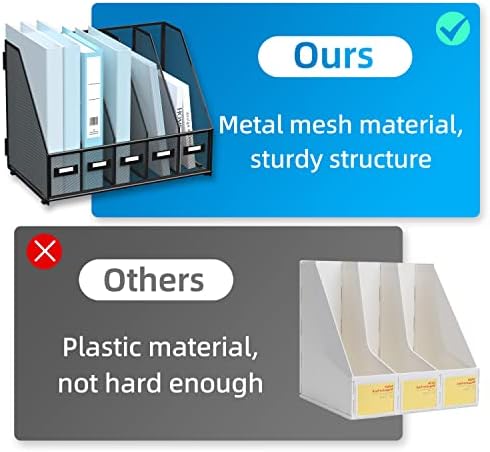 SUPEASY Desk Organizers Metal Desk Magazine File Holder with 5 Vertical Compartments Rack File Organizer for Office Desktop, Classroom, Home Workspace, Black