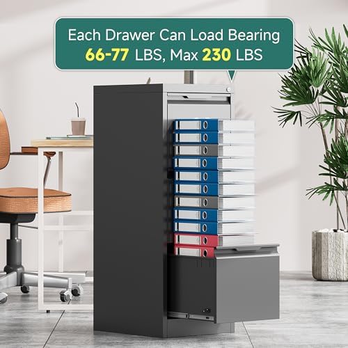 3 Drawer File Cabinet with Lock,Metal File Cabinet for Home Office,Black Vertical Filing Cabinets Heavy Duty Office Storage Cabinets for Letter/Legal/A4/F4 Size File, Assembly Required