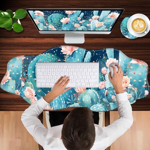 Mouse Pad with Wrist Support + Desk Mat + Coaster 3 in 1 Set, XXL Large Gaming Mousepad Ergonomic Mouse Pads for Desk Computer Laptop Office,Cute Cactus