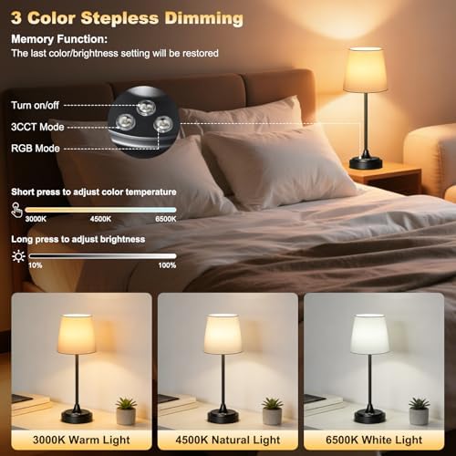 Wowag Cordless Table Lamp Rechargeable,5000mAh Battery Operated Desk Lamp,3 Colors & 7 RGB Stepless Dimmable,Touch Control Ambient Light for Bedside,Bedroom,Dining Room,Living Room,Black,WhiteShade