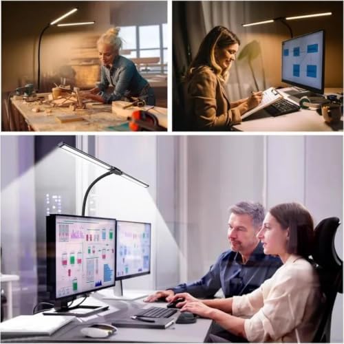LED Desk Lamp for Home Office Eye-Caring Monitor Tablelamp with Clamp Color Changing Dimmable with Flexible Gooseneck Doublehead,Black