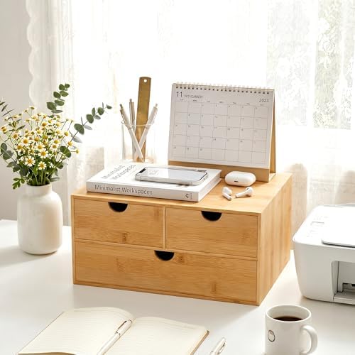 Bamboo Desk Organizer with Drawers, Desktop Storage for Office Supplies