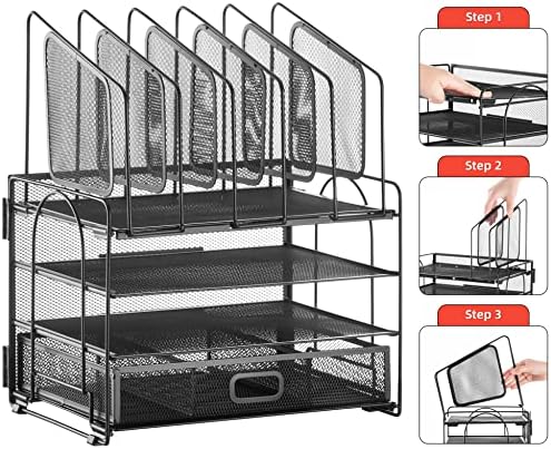 Marbrasse Desk Organizer with Drawer, 4-Tier Mesh File Organizer with 5 Vertical File Holders and 2 Pen Holders, Multifunction Desktop Organizer,Desk Organizers and Accessories for Home Office