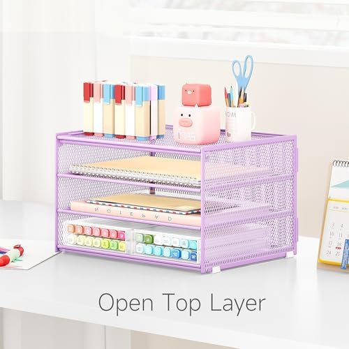Lavatino 3-Tier Letter Tray Desk Organizer – Purple Mesh Metal Paper File Tray Organizer for Desk, Office Supplies & Home Organization | Fits A4/Letter Paper, Mail, Magazines and Office Accessories