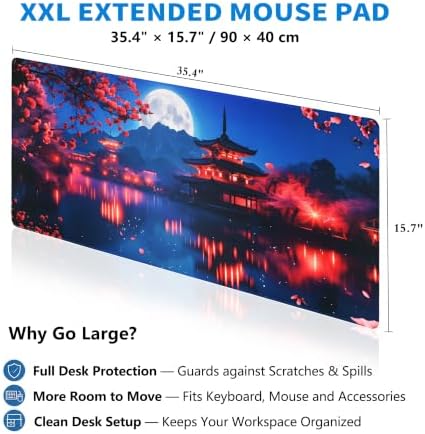 Extended Japanese Nightscape Desk Mat, XXL Large Gaming Mouse Pad, Sakura Pagoda Moon Stitched Edges Waterproof with Non-Slip Rubber Base for Computer Keyboard Laptop Work Home Office 35.4"x15.7"