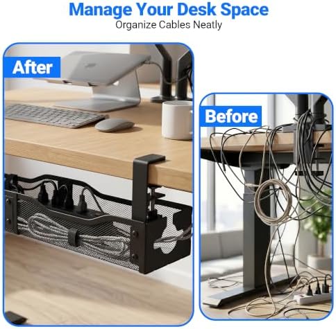 Under Desk Cable Management Tray - 25" No Drill Under Desk Cord Management with Clamp, Metal Desk Cable Organizer & Wire Management Tray for Standing Desk, Home Office Cord Organizer, Black