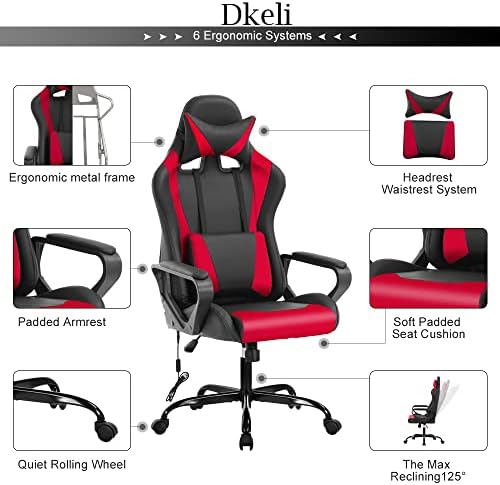 PC Gaming Chair Office Chair Racing Desk Chair with Lumbar Support Arms Headrest Massage High Back PU Leather Ergonomic Computer Chair Rolling Adjustable Swivel Chair for Women Men Adult, Red