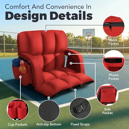 Stadium Seats with Back Support Wide, 4.7" Padded Bleacher Seat, 6-Position Reclining Bleacher Chairs with Back and Cushion, Sofa Style Ergonomic Design for Sports Games Baseball Football (22.5"Red)