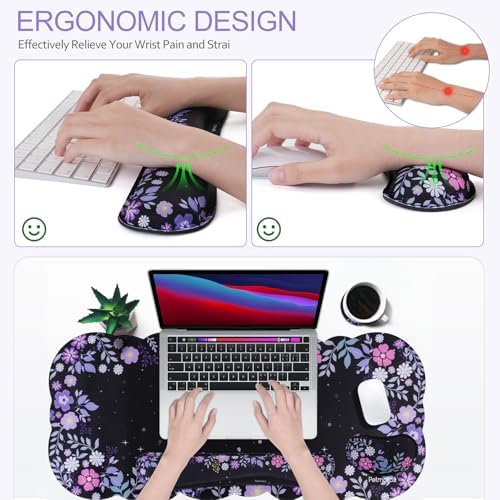 Petmolico Desk Pad Set with Wrist Rest for Keyboard & Mouse, Purple Floral