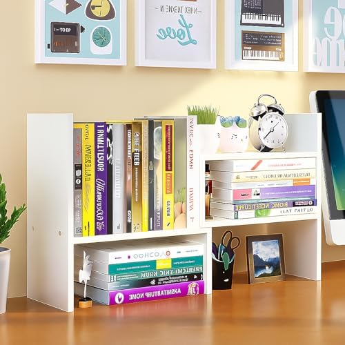 Desktop Shelf Organizer, Adjustable Wood Office Storage Rack, Counter Display Small Bookshelf for Home/Office/School(White)