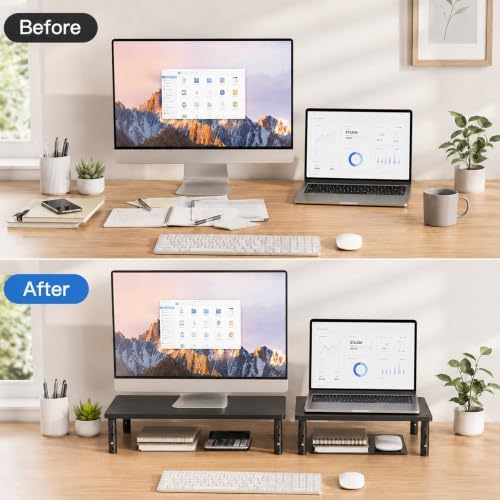 OPNICE Adjustable Monitor Stand Riser for Desk, Wood Computer & Laptop Stand, Desk Organizers and Accessories, Office Desk Accessories & Workspace Organizer for Home Office Supplies, Black