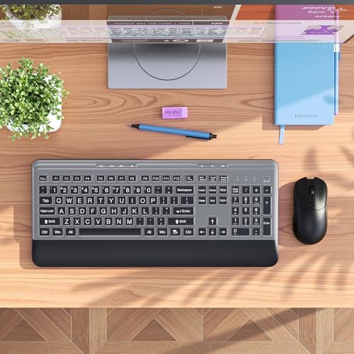 KOPJIPPOM Silent Wireless Keyboard and Mouse Combo - Keyboard with Large Print Cover, 2.4GHz Full-Sized Ergonomic Keyboard with Wrist Rest and Mouse for Laptop, PC, Notebook, Desktop