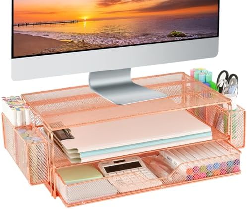 AUPSEN Computer Monitor Stands Riser，2-Tier Desk Organizers and Accessories, Office Desk Accessories Organizer with Drawers and 2 Pen Holder for Office Supplies (Rose Gold)