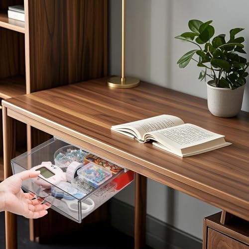 SOUJOY 2 Pack Self-adhesive Under Desk Drawer, Hidden Slide Out Organizer Tray, Plastic Under Table Attachable Hidden Storage Organizer for Office Home School Kitchen Sewing Table