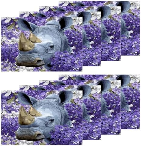 Shrahala Wild Rhinoceros Placemats, in Purple Flowers Table Mat Linen Burlap Washable Double-Deck Heat Insulation for Dining/Kitchen Table Set of 8 (12 X 18 Inch)
