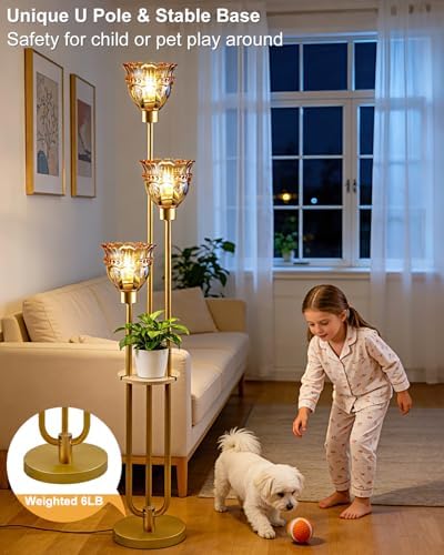 Lightdot Glass Floor Lamp with Shelf Amber Glass Flower Gold Floor Lamps