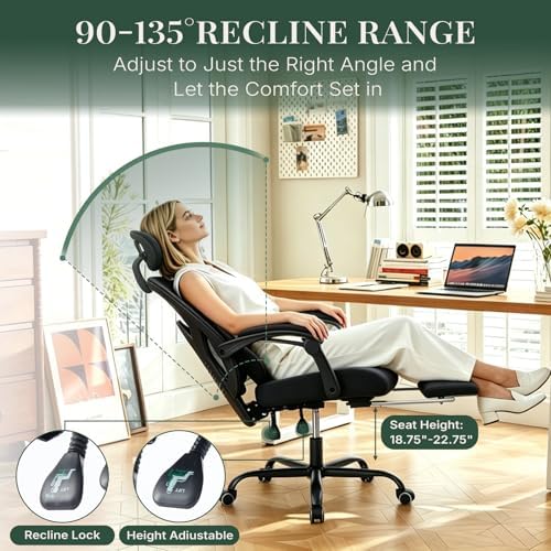 Ergonomic Office Chair with Footrest, High Back Home Desk Computer Chair with Lumbar Support & Headrest, 90-135° Reclining Mesh Back with Wheels for Work, Gaming, Black