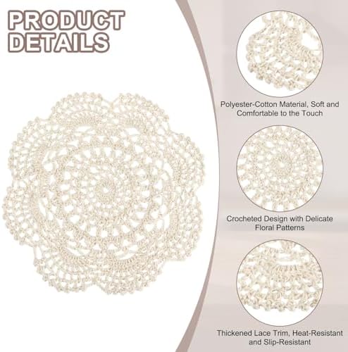 uxcell 6 Pcs Crochet Handmade Cotton Placemat Doilies for Table 7.9" Beige