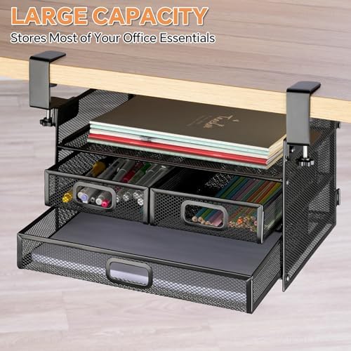 3 Layer Under Desk Drawer Storage Organizer, No Drill Clamp