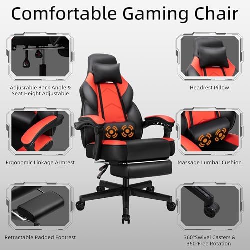 Gaming Chair with Footrest, Massage Lumbar Support, Height Adjustment, and 360° Swivel Seat, Ergonomic Design for Gaming