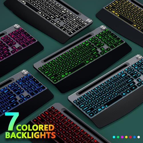 GAMCATZ Ergonomic Backlit Wireless Keyboard with Wrist Rest-Low-Profile,Phone/Tablet Holder,Rechargeable with Light Up Keyboard,Cordless Quiet Computer Keyboard for Desktop,Laptop, PC, Mac-Grey