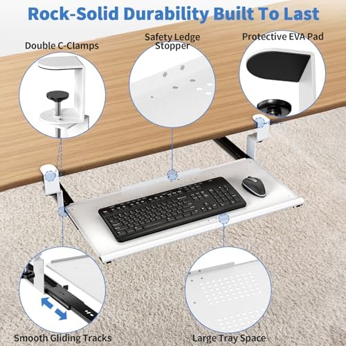 Keyboard Tray Under Desk - Full Metal Slide Out Holder, Rust-Resistant & Scratch-Proof, Double C-Clamps, 26x13" Tray for L Shape/Regular Desks, Standing/Sitting Workstation(White-B)