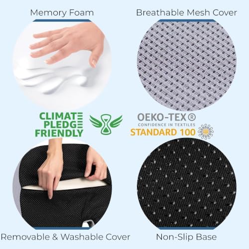 5 STARS UNITED Seat Cushion - Memory Foam Chair Cushion for Tailbone Pain Relief - Ergonomic Support for Coccyx, Sciatica & Butt - Office, Desk & Gaming Chair, Car Seat, Wheelchair, Light Gray Mesh