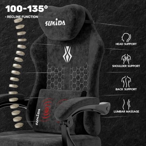 SUKIDA Fabric Video Gaming Chair, Ergonomic High-Back Computer Game Chairs with Large Massage Adjustable Lumbar Support, Headrest and Linked Armrests for Long Hours Sitting Task Chair, Purple
