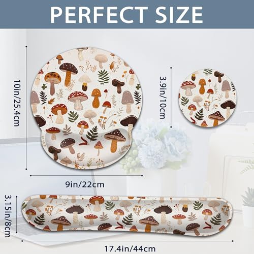 Wrist Rest Mouse Pad and Keyboard Support Set,Cute Mushroom Forest 3 in 1 Ergonomic Memory Foam Mousepad with Non Slip Base, Gaming Mouse Pad for Office and Home
