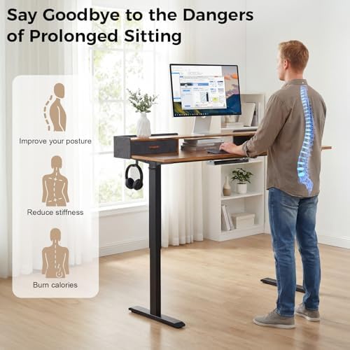 Electric Standing Desk with Drawers, 63 Inch Height Adjustable Desk with Power Outlets & LED Lights, Sit Stand Table with Monitor Stand for Home, Office, Brown