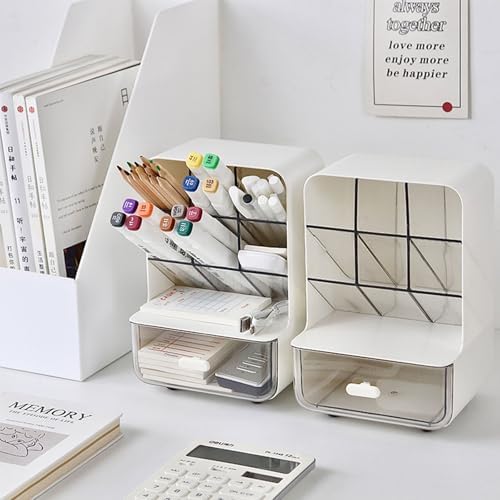 Pen Organizer for Desk, Desk Organizer with Drawer, Multi-Functional Pencil Holder with 6 Compartments and 1 Drawer Organization Storage Accessories for Office Home School Workspace (White)