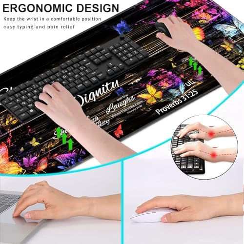 Keyboard Wrist Rest and Mouse Pad with Wrist Support Set Ergonomic Coaster,Memory Foam,Easy Typing Pain Relief,Large XL Desk Mat 31.5"x 11.8",Floral Butterfly Bible Verse Proverbs 31-25