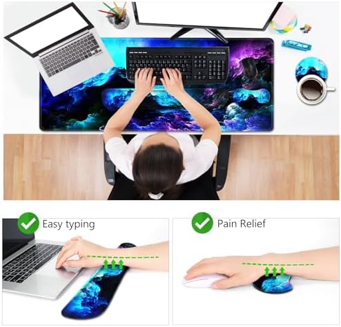 AIMSA Keyboard Mouse Pad Wrist Rest Set, Extended Desk Mat+ Ergonomic Mouse Pad with Wrist Rest+ Keyboard Wrist Support+ Coaster, 35x15.7in Large Mousepad for Home Office, Nebula Galaxy
