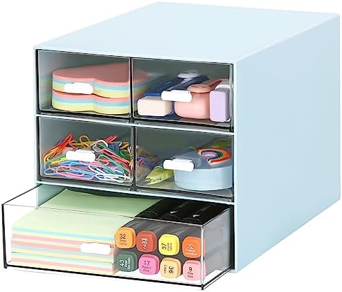 Desk Organizer with 5 Drawers, Rectangular Office Stationery Supplies Desktop Drawers, Plastic Makeup Storage, Suitable for Office, School, Home (Blue & 5 Drawers)